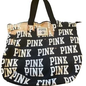 Vintage Y2K Victoria's Secret PINK Zippered Beach ToteBag Black White Over Logos